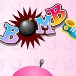 Título colorido Bomb It con una bomba y un casco sobre fondo rosado