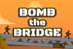 Texto Bomb the Bridge en un fondo de atardecer con soldados y un puente metálico