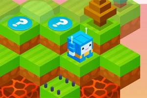 Un paisaje isométrico con bloques de pasto y lava, donde un personaje cúbico azul está junto a un árbol y círculos con signos de interrogación