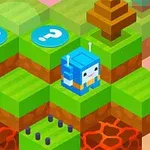 Un paisaje isométrico con bloques de pasto y lava, donde un personaje cúbico azul está junto a un árbol y círculos con signos de interrogación