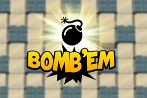 Logotipo amarillo y negro con una bomba en el centro sobre un fondo pixelado