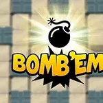 Logotipo amarillo y negro con una bomba en el centro sobre un fondo pixelado