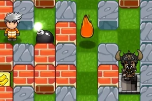 Un personaje de cabello blanco, un enemigo con casco vikingo, una bomba negra, y una llama, situados en un laberinto de bloques de ladrillo y piedra en un entorno de césped