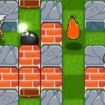 Un personaje de cabello blanco, un enemigo con casco vikingo, una bomba negra, y una llama, situados en un laberinto de bloques de ladrillo y piedra en un entorno de césped