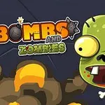 Zombi caricaturesco de ojos grandes sobre fondo oscuro con explosiones y el texto Bombs and Zombies