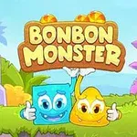 Dos personajes de formas geométricas, uno azul y otro amarillo, sonríen y levantan los brazos bajo un letrero que dice BONBON MONSTER en un entorno colorido y natural