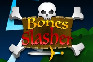 Calavera sobre fondo oscuro con el texto Bones Slasher en letras amarillas y rojas, junto a un diseño de espada