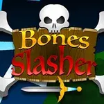 Calavera sobre fondo oscuro con el texto Bones Slasher en letras amarillas y rojas, junto a un diseño de espada