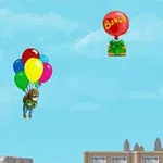 Persona volando con globos multicolores en un cielo azul, rodeada de globos rojos que dicen Bonus y sobrevolando edificios