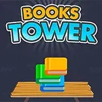 Ilustración de una torre de libros de colores apilados sobre una mesa de madera, con el título Books Tower en la parte superior