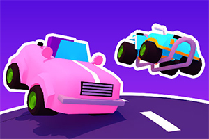 Dos coches de colores brillantes, uno rosado y otro azul, flotando sobre una carretera en un fondo morado