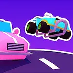Dos coches de colores brillantes, uno rosado y otro azul, flotando sobre una carretera en un fondo morado