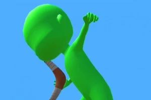 Figura verde sosteniendo un objeto marrón en forma de boomerang sobre un fondo azul claro