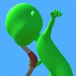 Figura verde sosteniendo un objeto marrón en forma de boomerang sobre un fondo azul claro