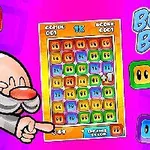 Personaje de dibujos animados señalando un tablero colorido de bloques con caras, sobre un fondo morado con el texto Bop the Blox