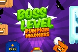 Texto en neón verde y naranja Boss Level Pumpkin Madness en un fondo morado con calabazas pixeladas y murciélagos