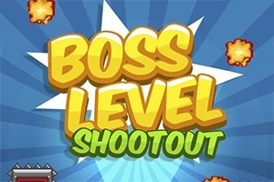 Texto amarillo y verde que dice BOSS LEVEL SHOOTOUT sobre un fondo azul con explosiones naranjas alrededor