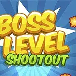 Texto amarillo y verde que dice BOSS LEVEL SHOOTOUT sobre un fondo azul con explosiones naranjas alrededor