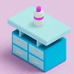 Mesa azul con cajones y una botella blanca con tapa morada sobre un fondo rosa