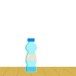 Botella de agua azul sobre un piso de madera con fondo blanco