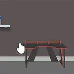 Una habitación con paredes grises, un escritorio negro con detalles rojos, una silla de gamer a la derecha y una estantería con una botella en el fondo
