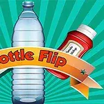 Una botella de agua está centrada entre un cartón de leche y una botella de ketchup, con una cinta que dice Bottle Flip en el frente