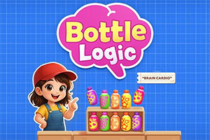 Niña con gorra roja señalando botellas coloridas bajo un letrero que dice Bottle Logic sobre fondo azul cuadriculado