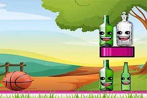 Bottle Shooter Botellas animadas con caras sonrientes y una pelota de baloncesto en un paisaje con árboles y colinas