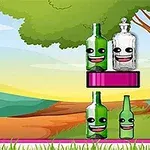 Bottle Shooter Botellas animadas con caras sonrientes y una pelota de baloncesto en un paisaje con árboles y colinas