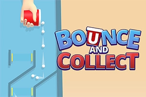 Una mano sostiene un vaso rojo vertiendo bolas blancas en un laberinto azul con el texto Bounce and Collect