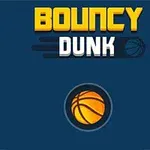 Texto Bouncy Dunk en letras amarillas y blancas con una pelota de baloncesto debajo sobre un fondo azul oscuro