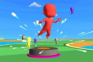 Personaje rojo saltando en una plataforma circular rodeado de otros personajes de colores brillantes en un entorno al aire libre