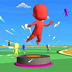 Personaje rojo saltando en una plataforma circular rodeado de otros personajes de colores brillantes en un entorno al aire libre