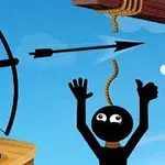 Persona de palo dispara una flecha para liberar a otra persona de palo colgada de una cuerda sobre un fondo azul con nubes