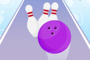 Bola de boliche morada rodando hacia tres pinos en una pista