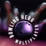 Bola de boliche morada junto a varios pinos, con texto que dice Bowling Hero Multiplayer