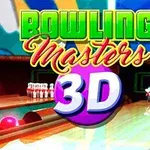 Texto colorido con las palabras Bowling Masters 3D sobre una escena de boliche con bolas y pinos