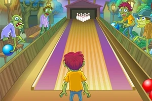 Un personaje en una bolera está a punto de lanzar una bola, rodeado de zombis sosteniendo bolas de boliche