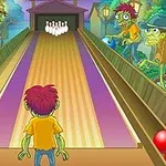 Un personaje en una bolera está a punto de lanzar una bola, rodeado de zombis sosteniendo bolas de boliche