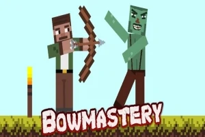 Un personaje pixelado con arco y flecha enfrenta a un zombie verde junto a una antorcha, con la palabra Bowmastery en la parte inferior