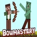 Un personaje pixelado con arco y flecha enfrenta a un zombie verde junto a una antorcha, con la palabra Bowmastery en la parte inferior