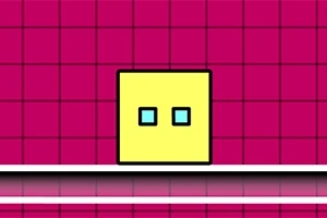 Cuadrado amarillo con ojos azules sobre una línea blanca en un fondo de cuadrícula rosa