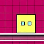 Cuadrado amarillo con ojos azules sobre una línea blanca en un fondo de cuadrícula rosa