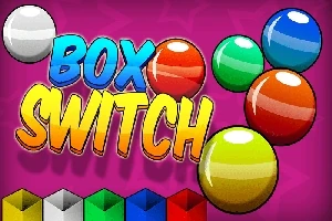 Texto Box Switch en colores vibrantes con esferas de diversos colores sobre fondo rosa