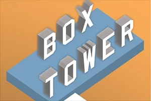 Texto tridimensional Box Tower sobre una plataforma azul con un fondo naranja