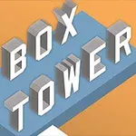 Texto tridimensional Box Tower sobre una plataforma azul con un fondo naranja