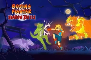 Un personaje rubio luchando contra una figura sombría verde y un gran león anaranjado bajo la luna llena en un paisaje oscuro y misterioso