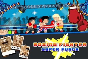 Pelea de boxeo pixelada con personajes caricaturescos en un ring, acompañados de guantes grandes y luces sobre el cuadrilátero