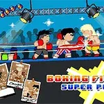 Pelea de boxeo pixelada con personajes caricaturescos en un ring, acompañados de guantes grandes y luces sobre el cuadrilátero