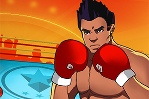 Boxeador animado con guantes rojos y expresión seria, en un ring con fondo anaranjado